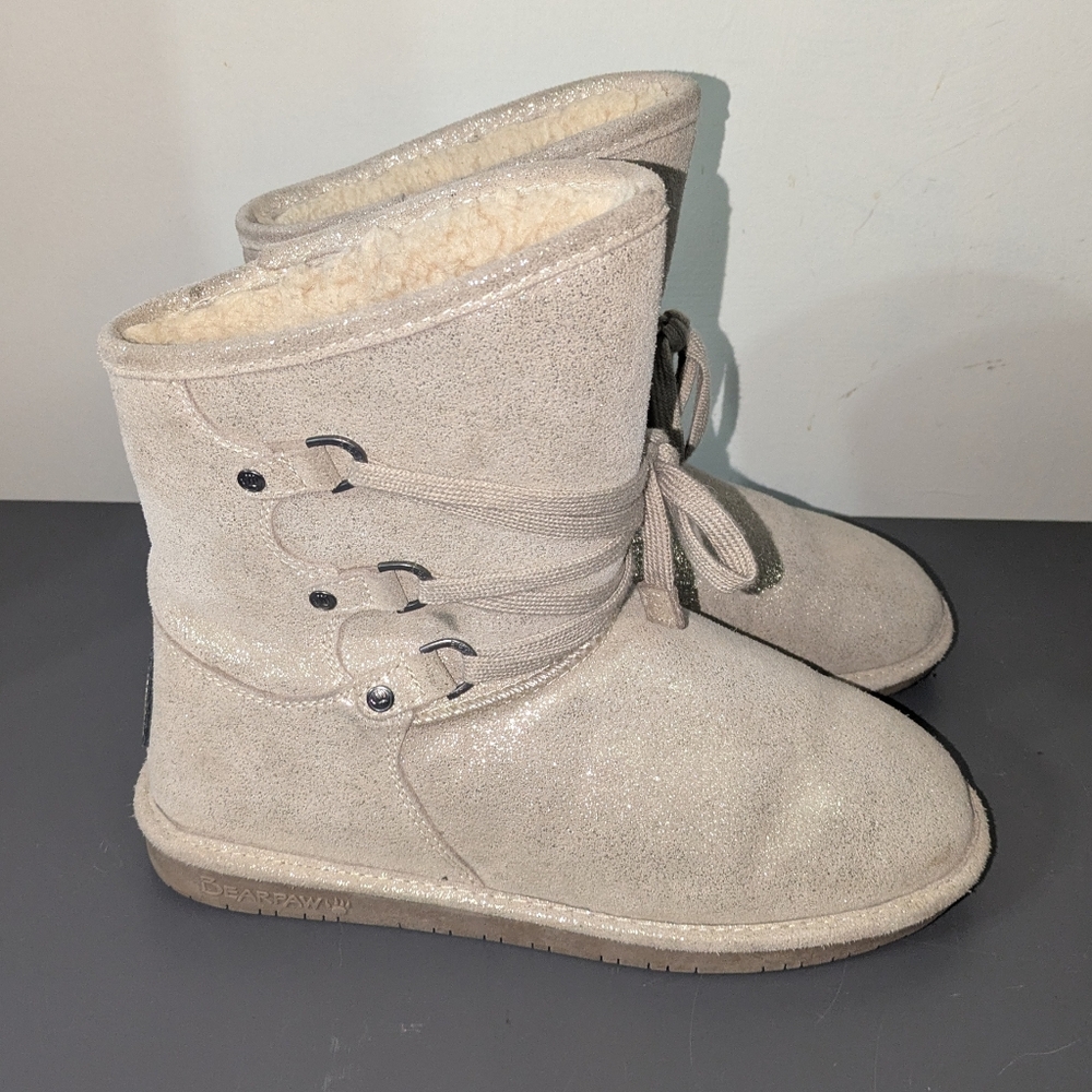 Bearpaw Colby Pewter Cozy Beige Suede Boots